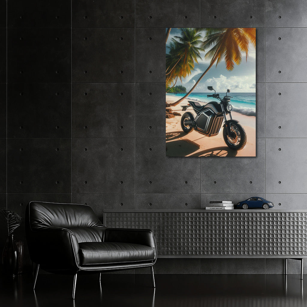 Electric Motorcycle on the Tropical Beach: Speed and Nature