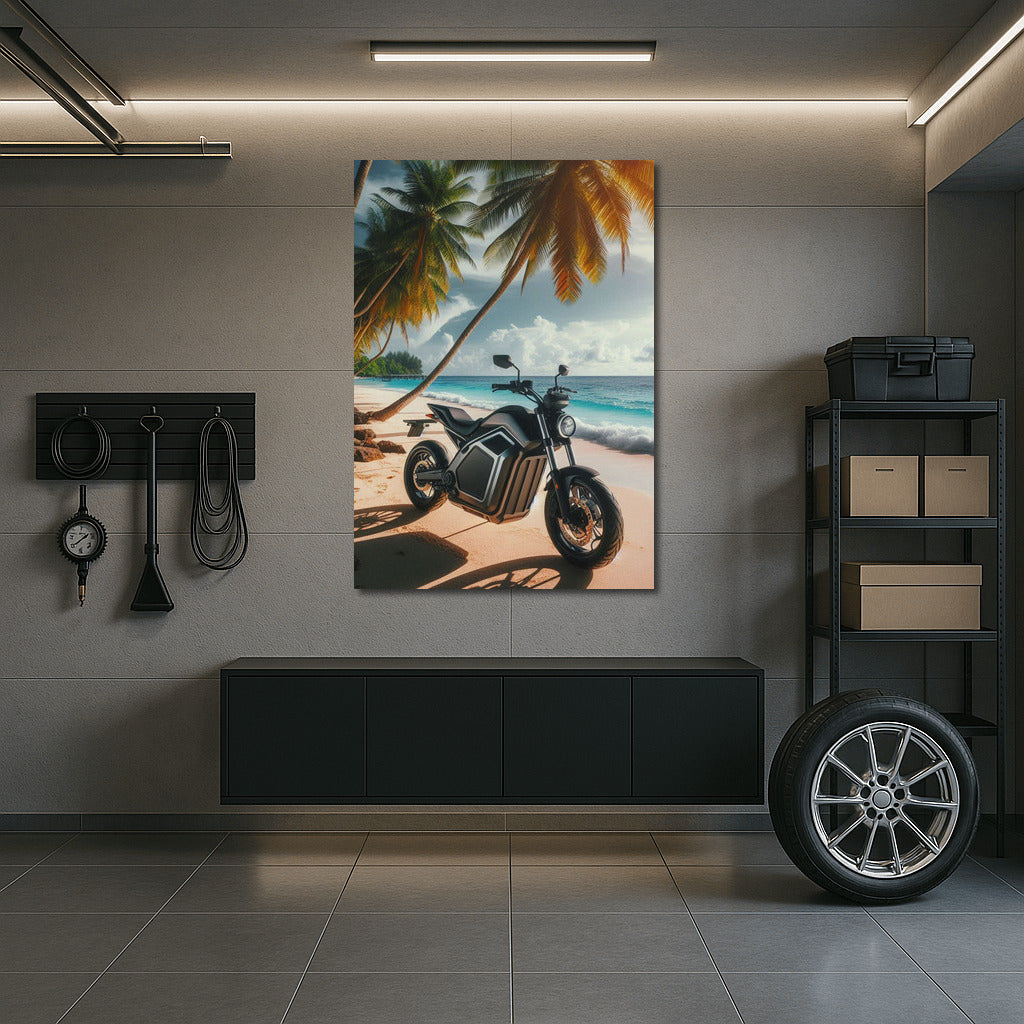 Electric Motorcycle on the Tropical Beach: Speed and Nature
