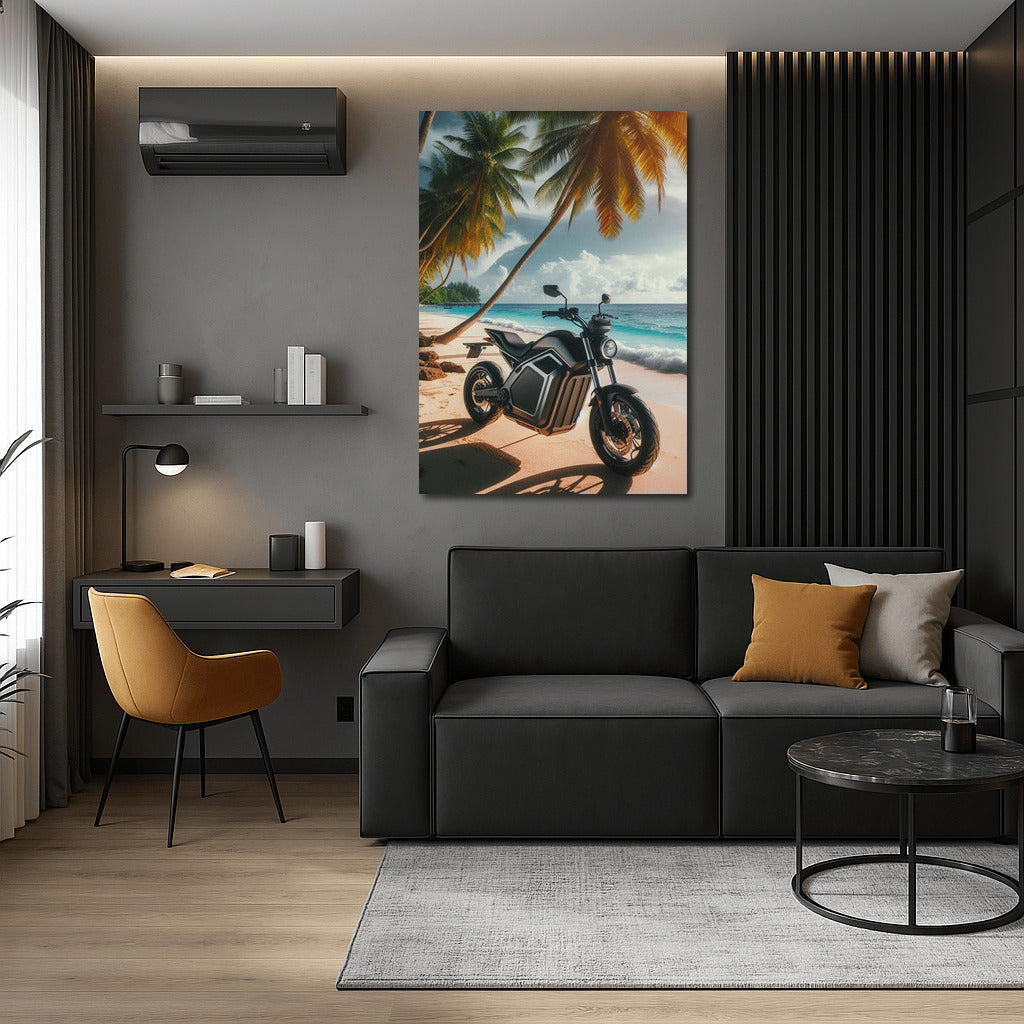 Electric Motorcycle on the Tropical Beach: Speed and Nature