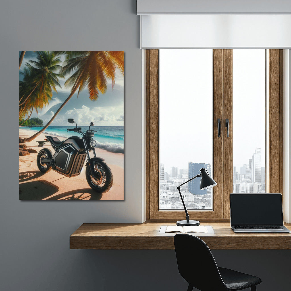 Electric Motorcycle on the Tropical Beach: Speed and Nature