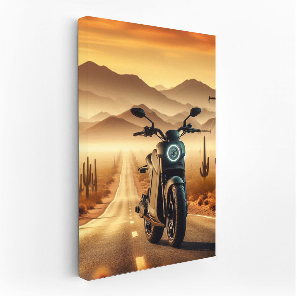 Electric motorcycle on the horizon of the desert with cacti