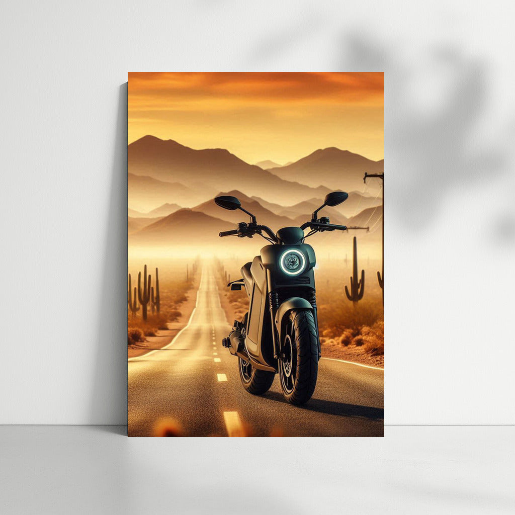 Electric motorcycle on the horizon of the desert with cacti