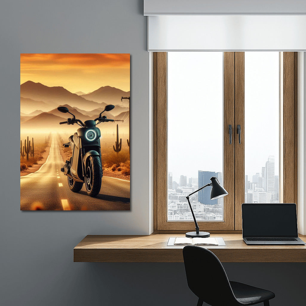 Electric motorcycle on the horizon of the desert with cacti