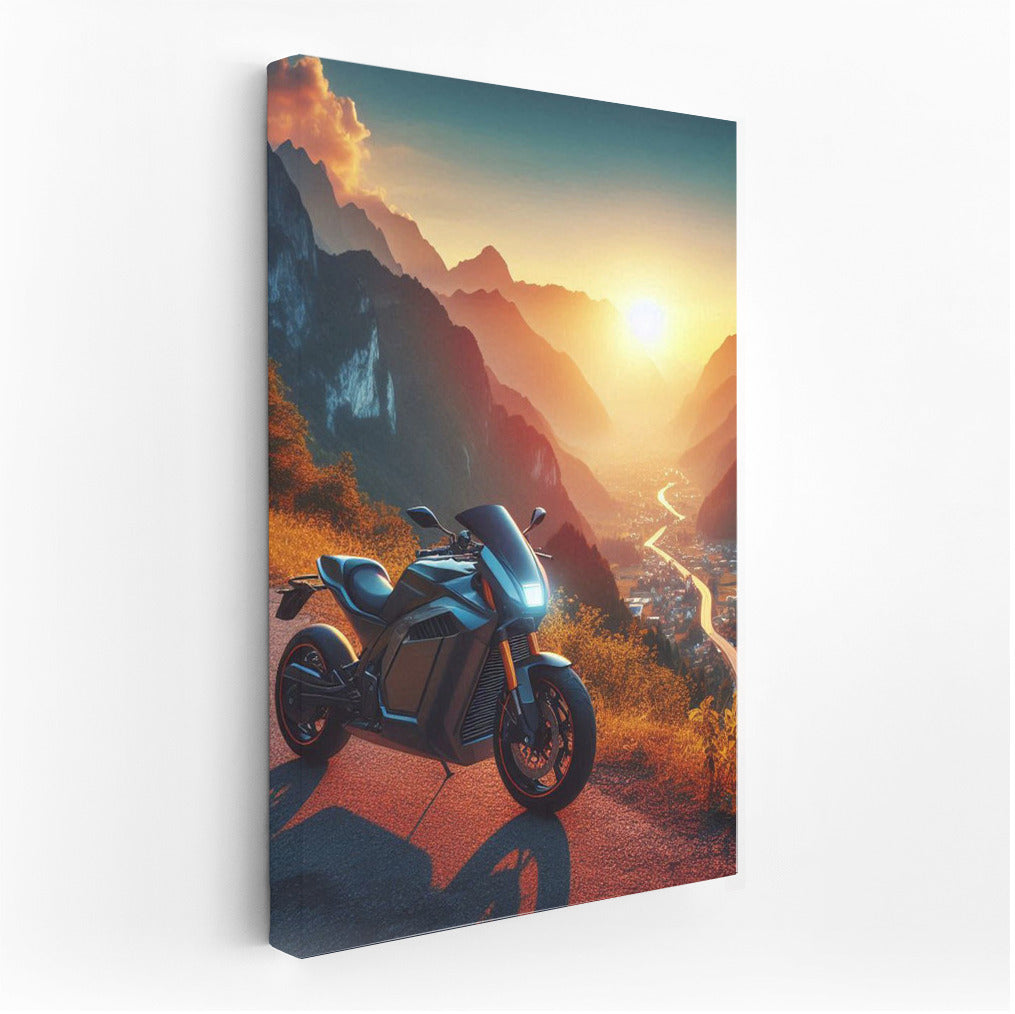 Sunset Freedom: Electric Motorcycle on Mountain Road