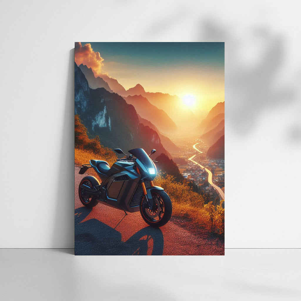 Sunset Freedom: Electric Motorcycle on Mountain Road