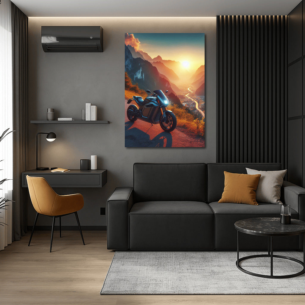 Sunset Freedom: Electric Motorcycle on Mountain Road