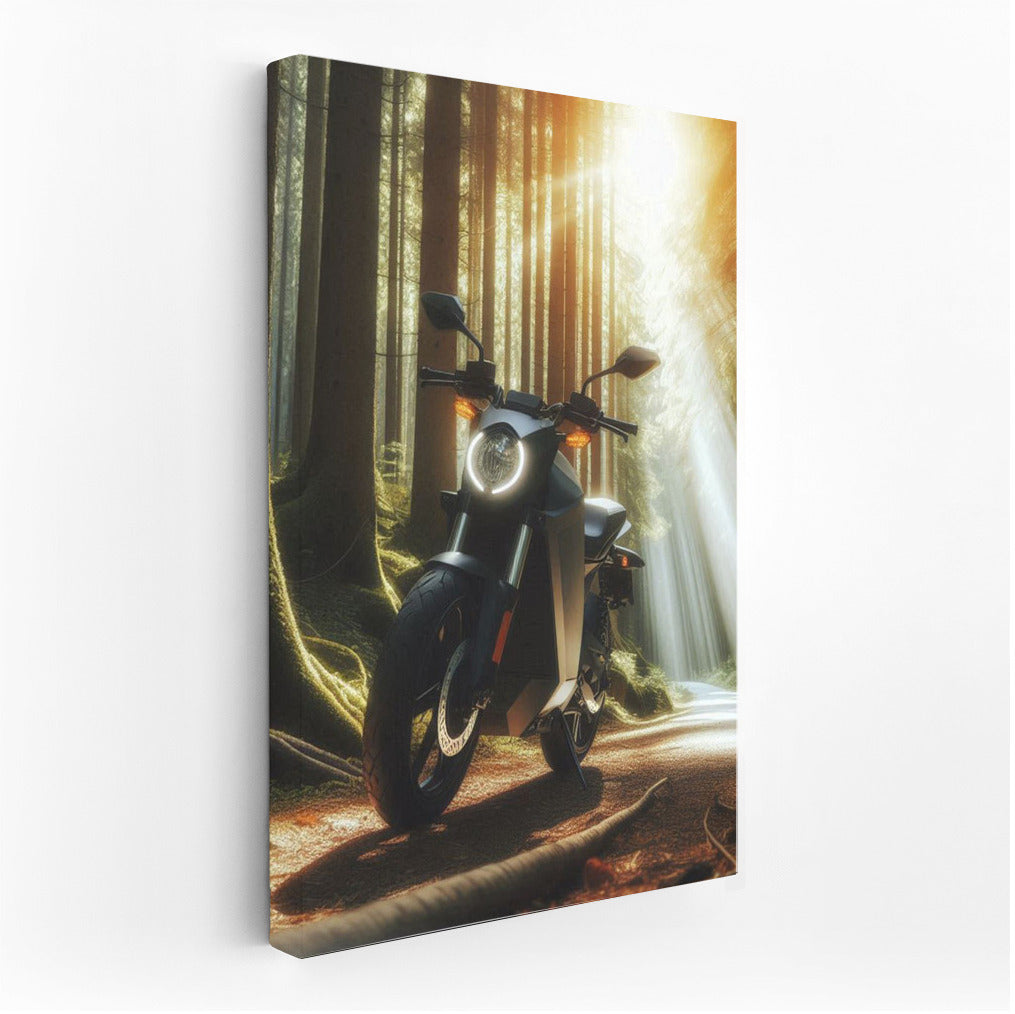 Electric motorcycle on a forest trail: Sun rays through the trees