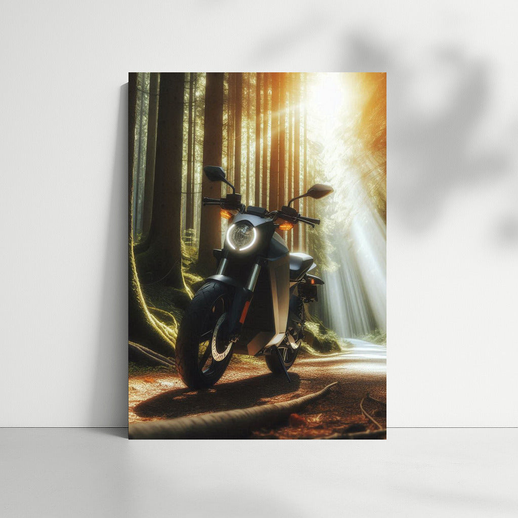 Electric motorcycle on a forest trail: Sun rays through the trees