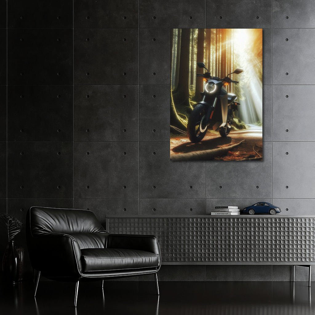 Electric motorcycle on a forest trail: Sun rays through the trees