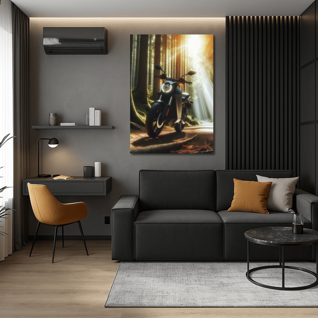 Electric motorcycle on a forest trail: Sun rays through the trees