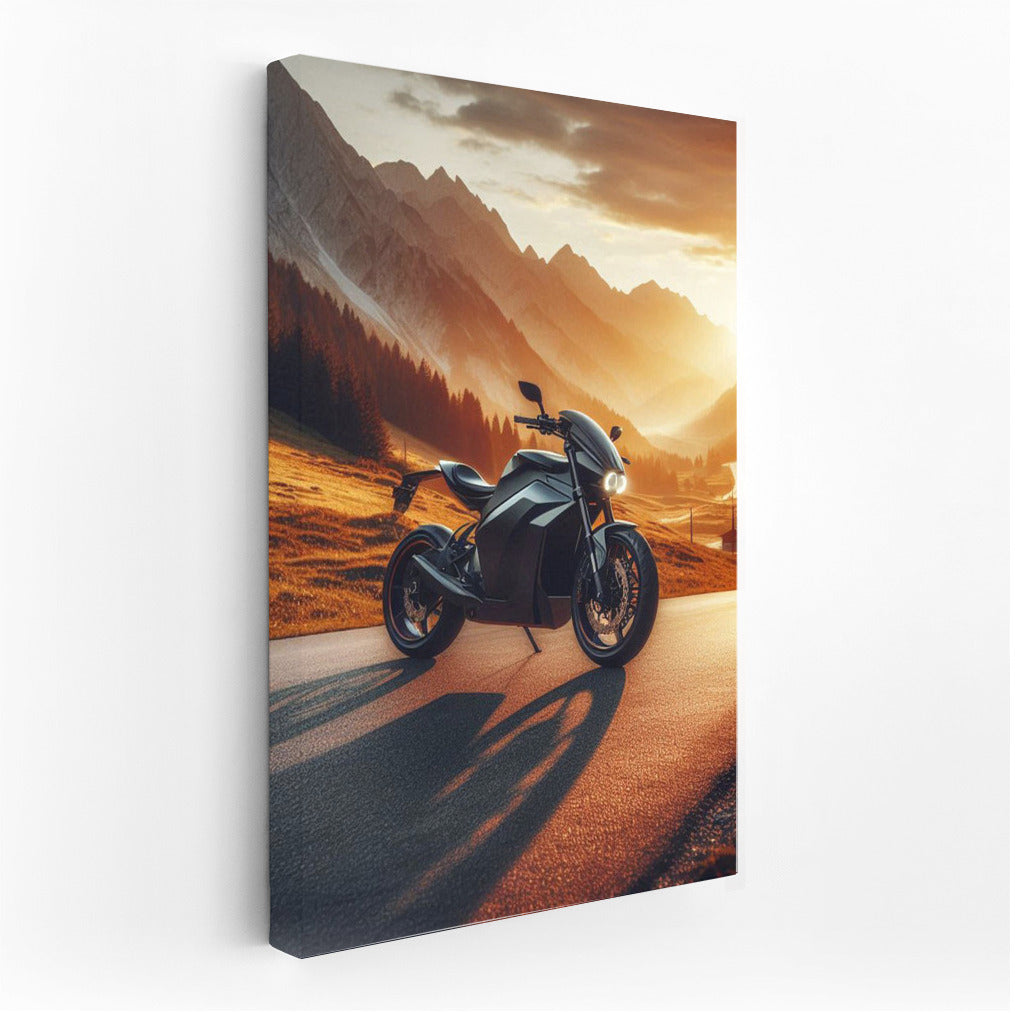 Electric Motorcycle at Sunset: Speed and Freedom on a Mountain Road