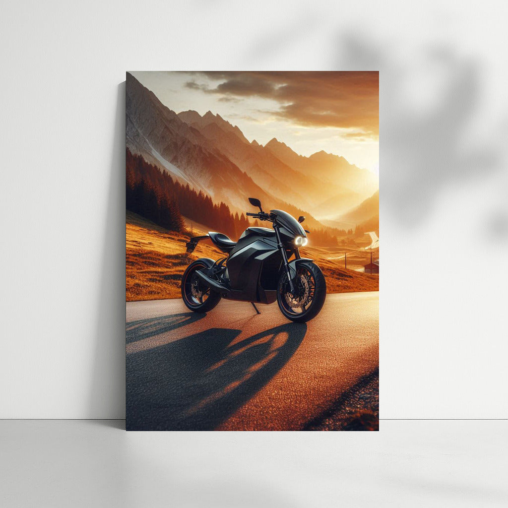 Electric Motorcycle at Sunset: Speed and Freedom on a Mountain Road
