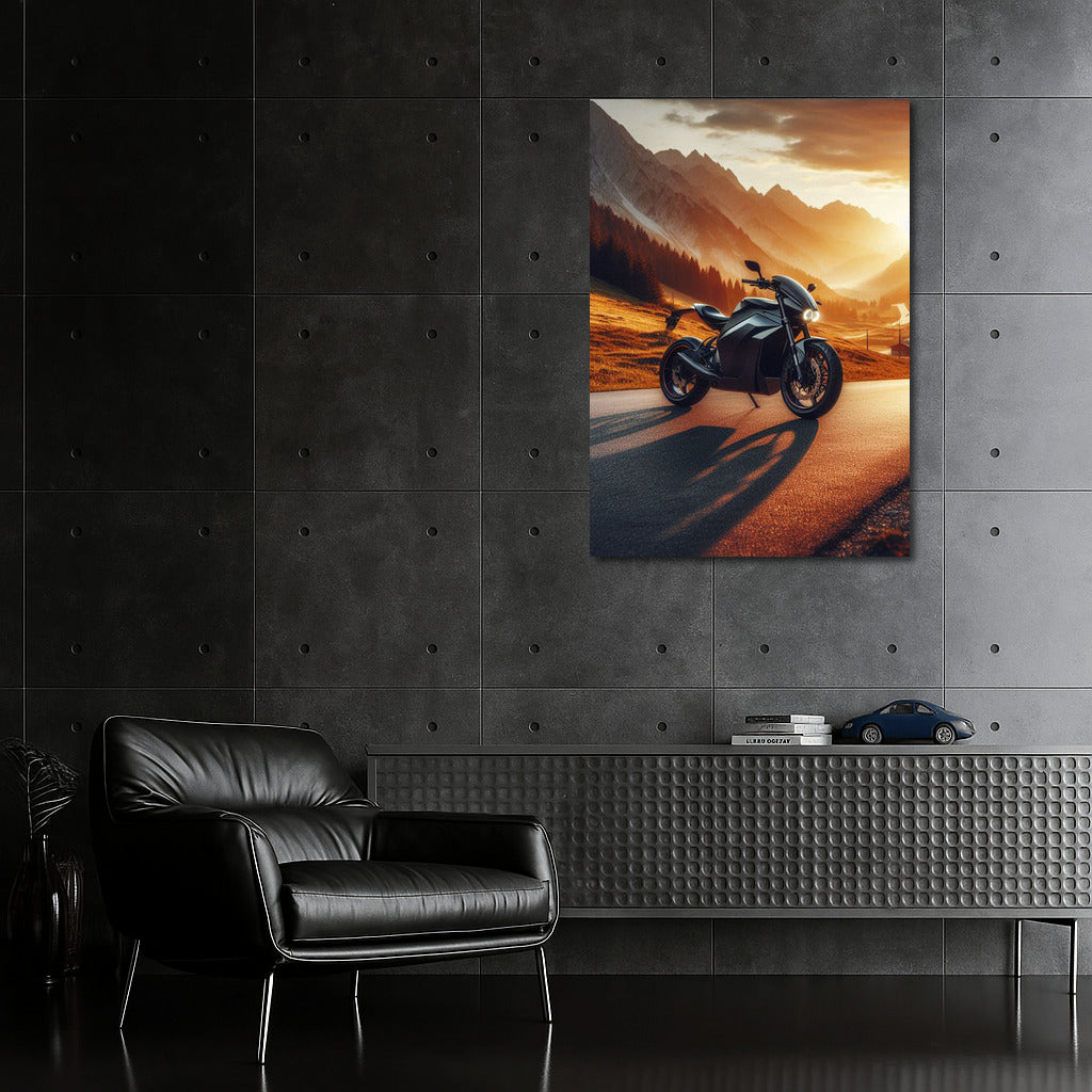 Electric Motorcycle at Sunset: Speed and Freedom on a Mountain Road