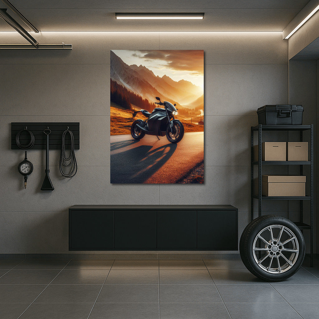 Electric Motorcycle at Sunset: Speed and Freedom on a Mountain Road