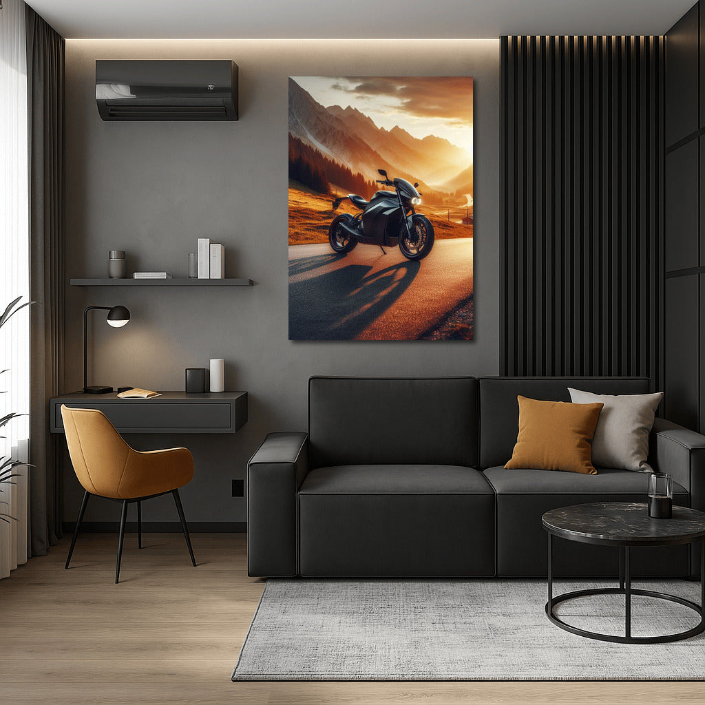 Electric Motorcycle at Sunset: Speed and Freedom on a Mountain Road