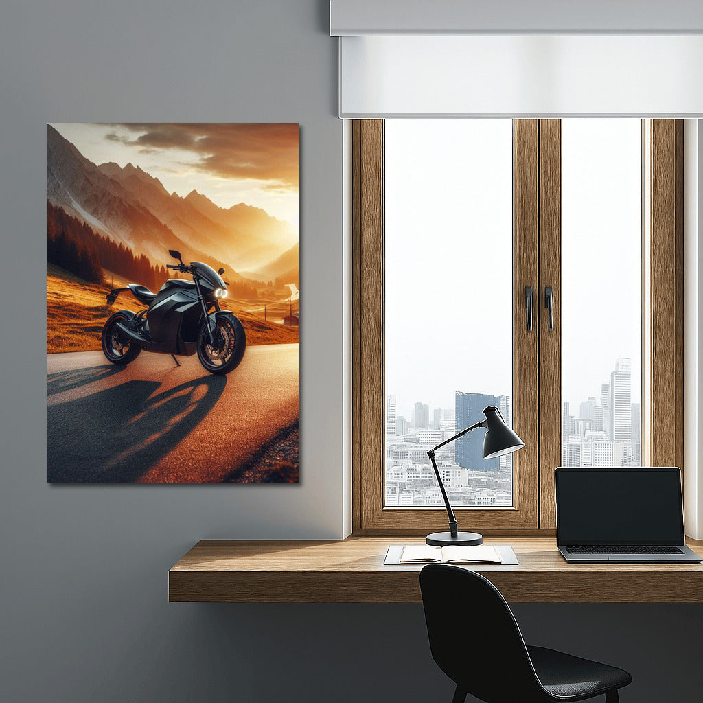 Electric Motorcycle at Sunset: Speed and Freedom on a Mountain Road