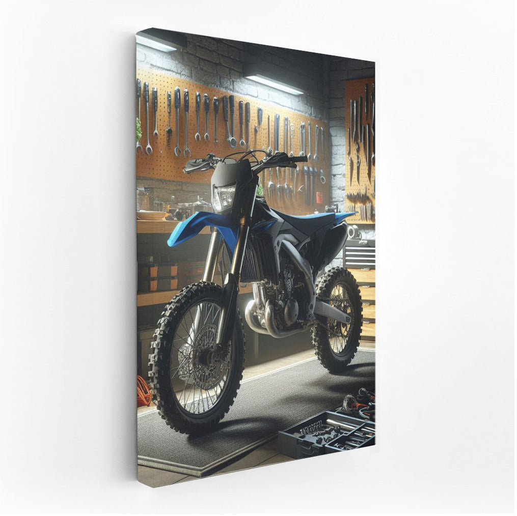 Enduro bike in a stylish workshop: speed and mechanics in detail