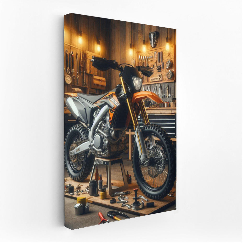 Enduro bike in a stylish workshop: speed and mechanics in the interior