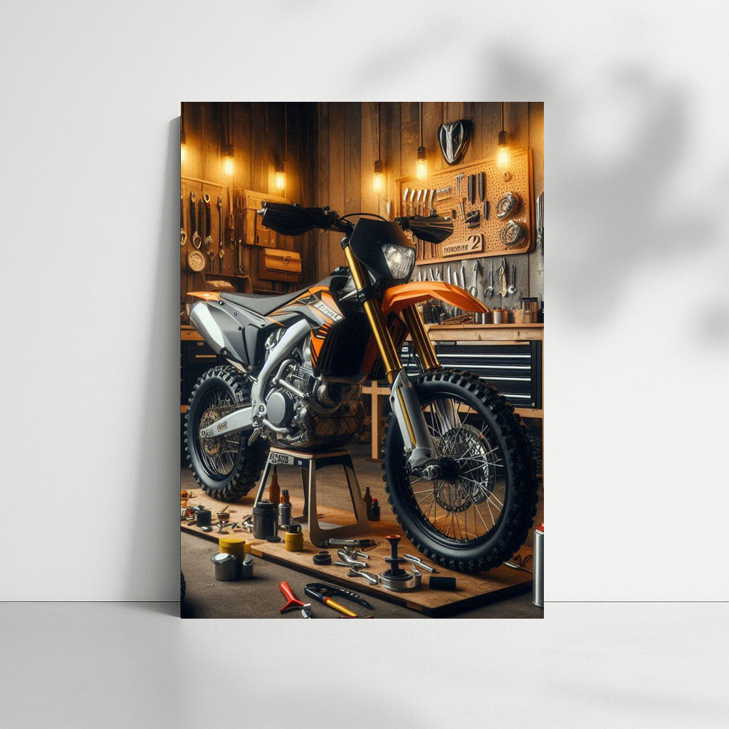 Enduro bike in a stylish workshop: speed and mechanics in the interior