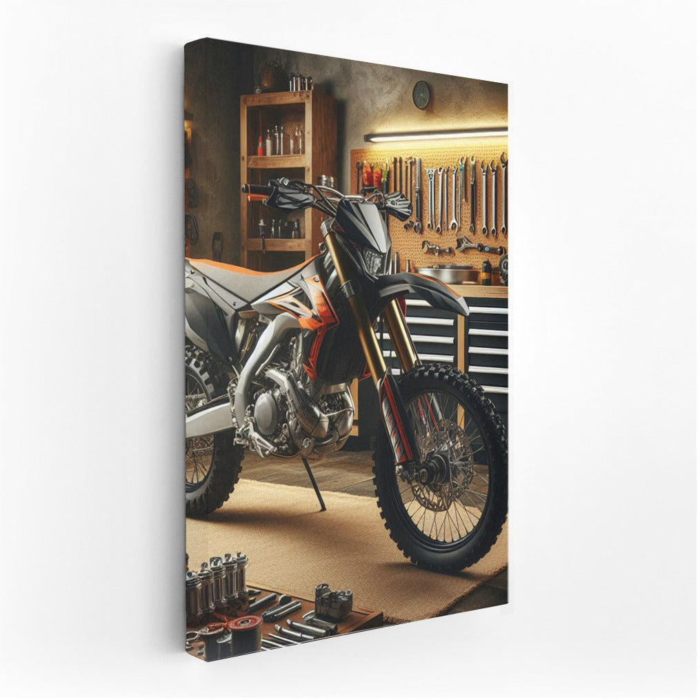 Enduro bike in a stylish workshop: speed and mechanics in detail