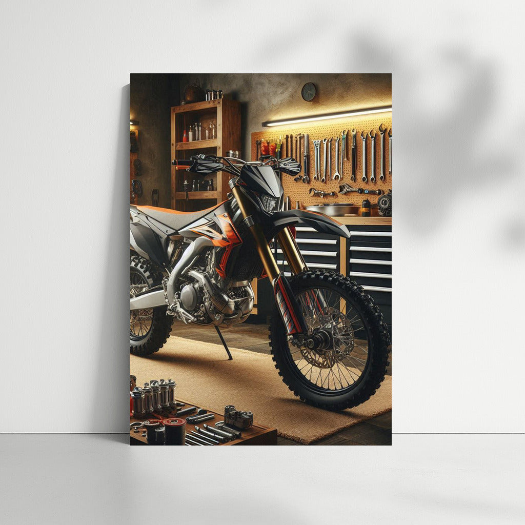 Enduro bike in a stylish workshop: speed and mechanics in detail