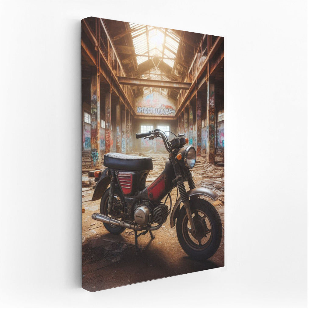 Minibike in Abandoned Warehouse: Graffiti and Dust of Time