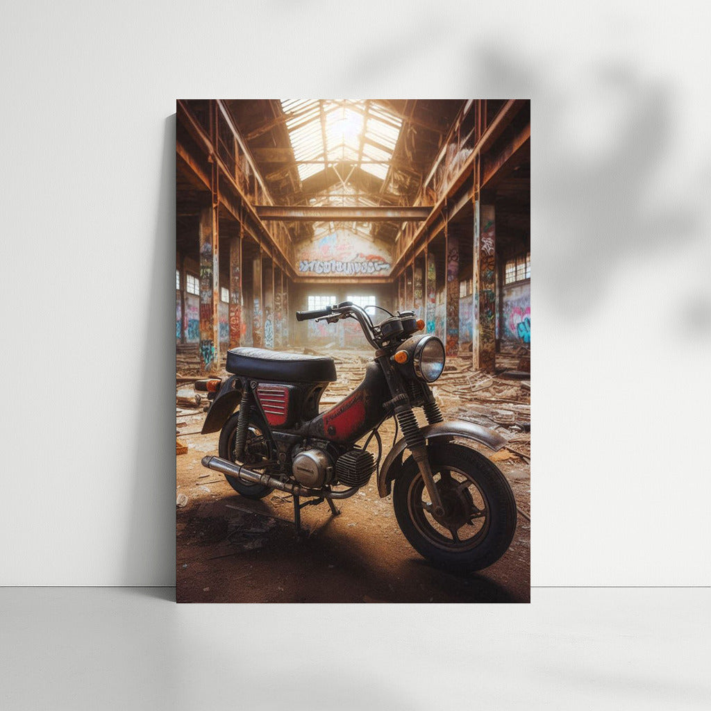 Minibike in Abandoned Warehouse: Graffiti and Dust of Time