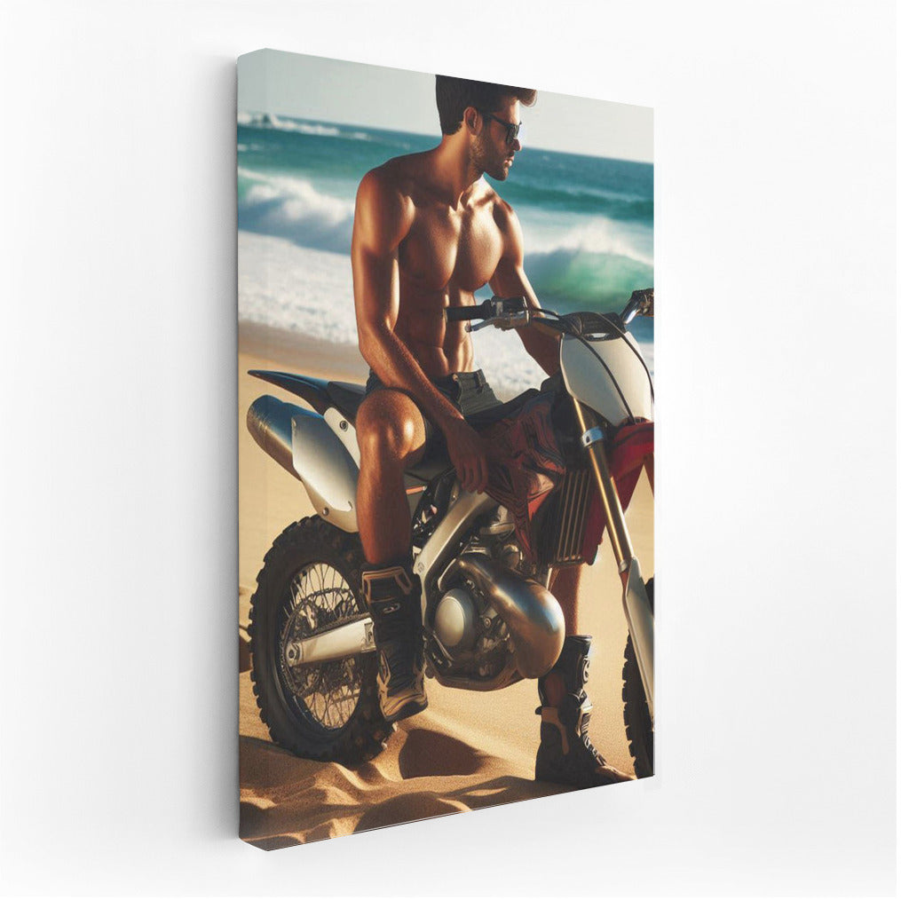 Motocross Bike on Sandy Beach with Ocean Waves: Freshness and Adrenaline