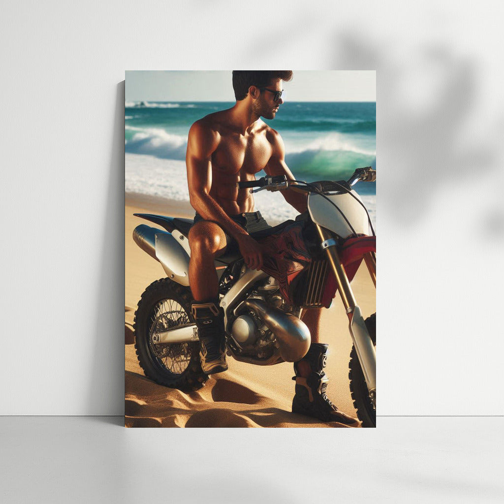Motocross Bike on Sandy Beach with Ocean Waves: Freshness and Adrenaline