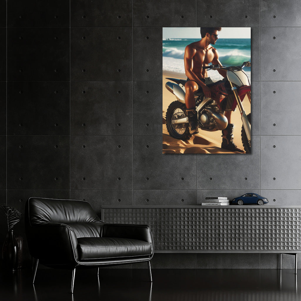 Motocross Bike on Sandy Beach with Ocean Waves: Freshness and Adrenaline