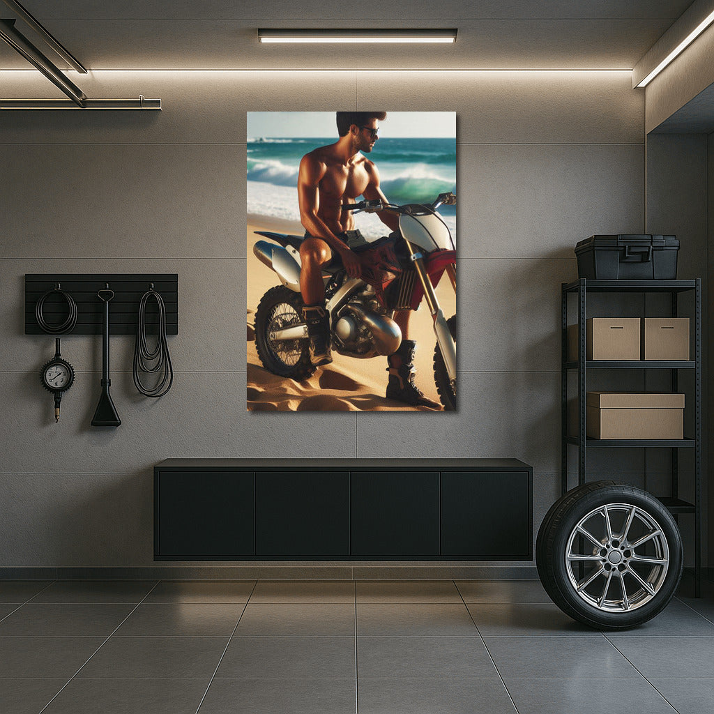 Motocross Bike on Sandy Beach with Ocean Waves: Freshness and Adrenaline