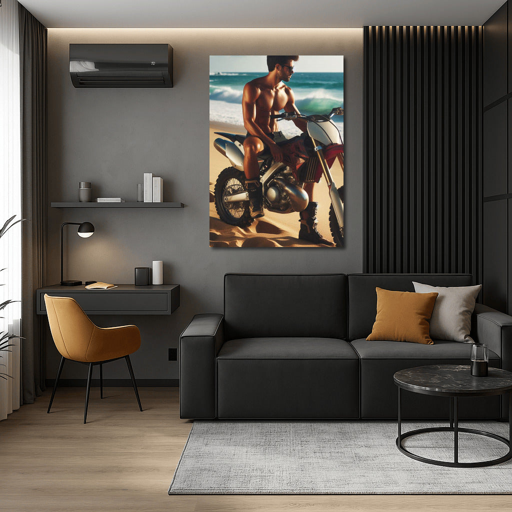 Motocross Bike on Sandy Beach with Ocean Waves: Freshness and Adrenaline