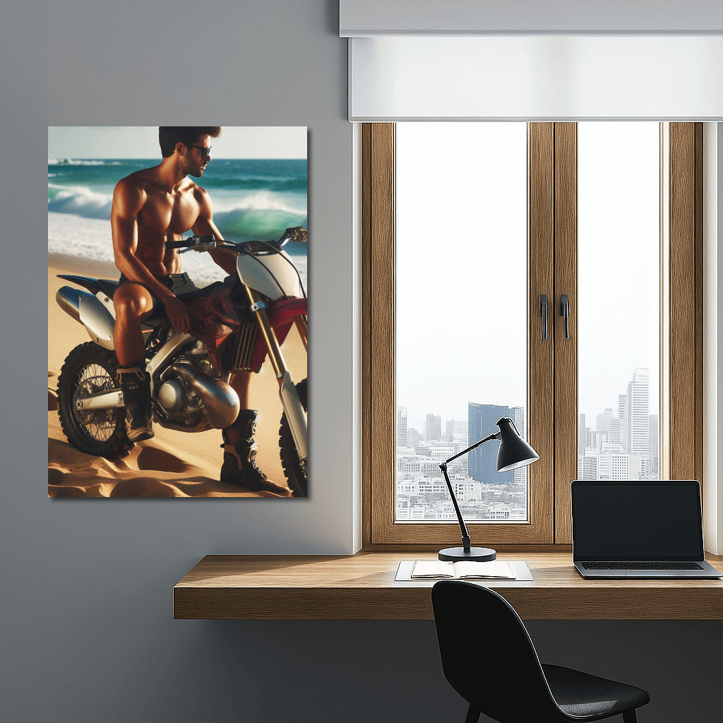 Motocross Bike on Sandy Beach with Ocean Waves: Freshness and Adrenaline