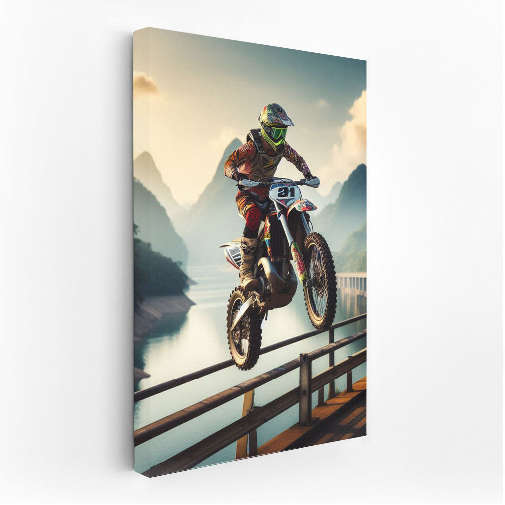 Motocross Flight: Bike Over Picturesque Dam