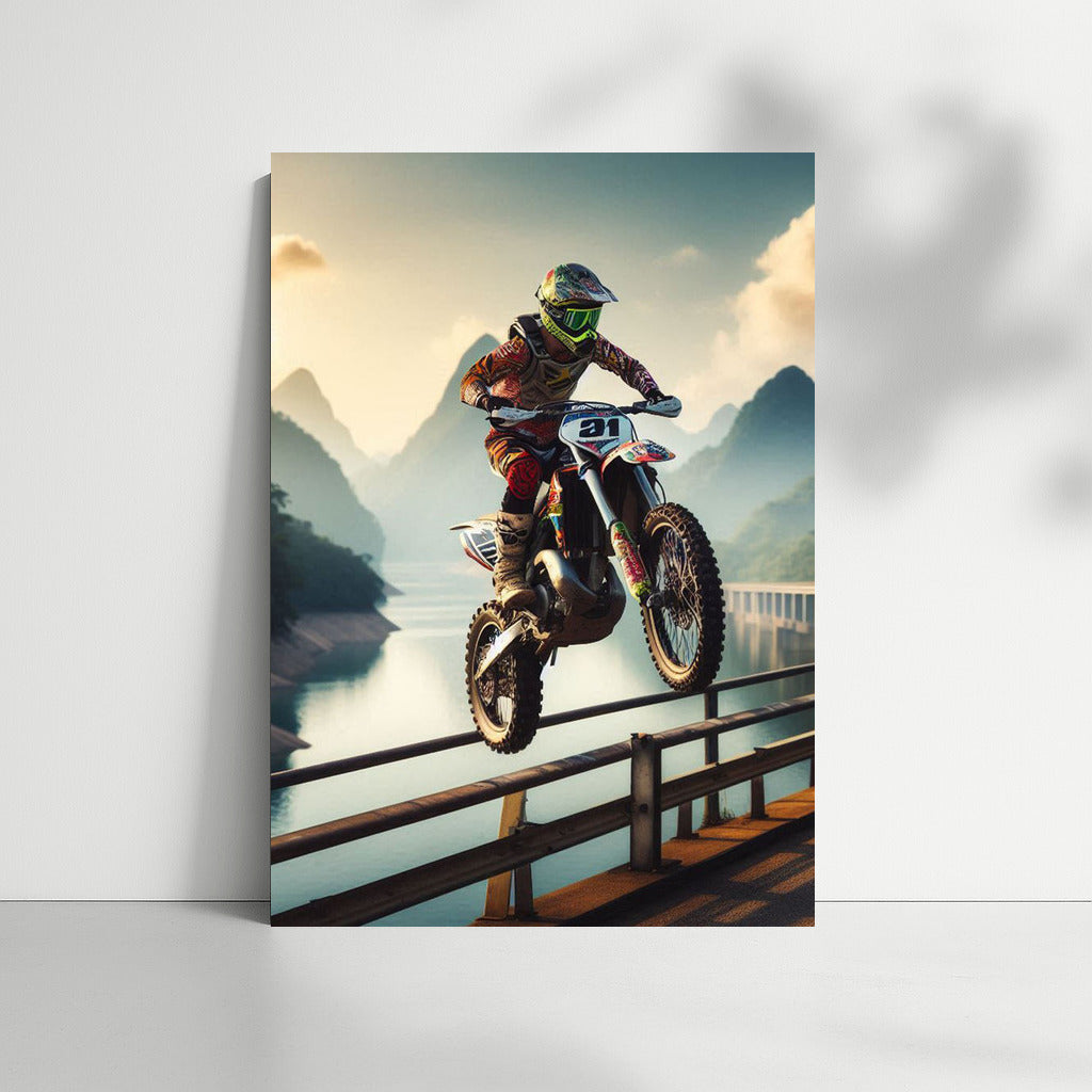 Motocross Flight: Bike Over Picturesque Dam