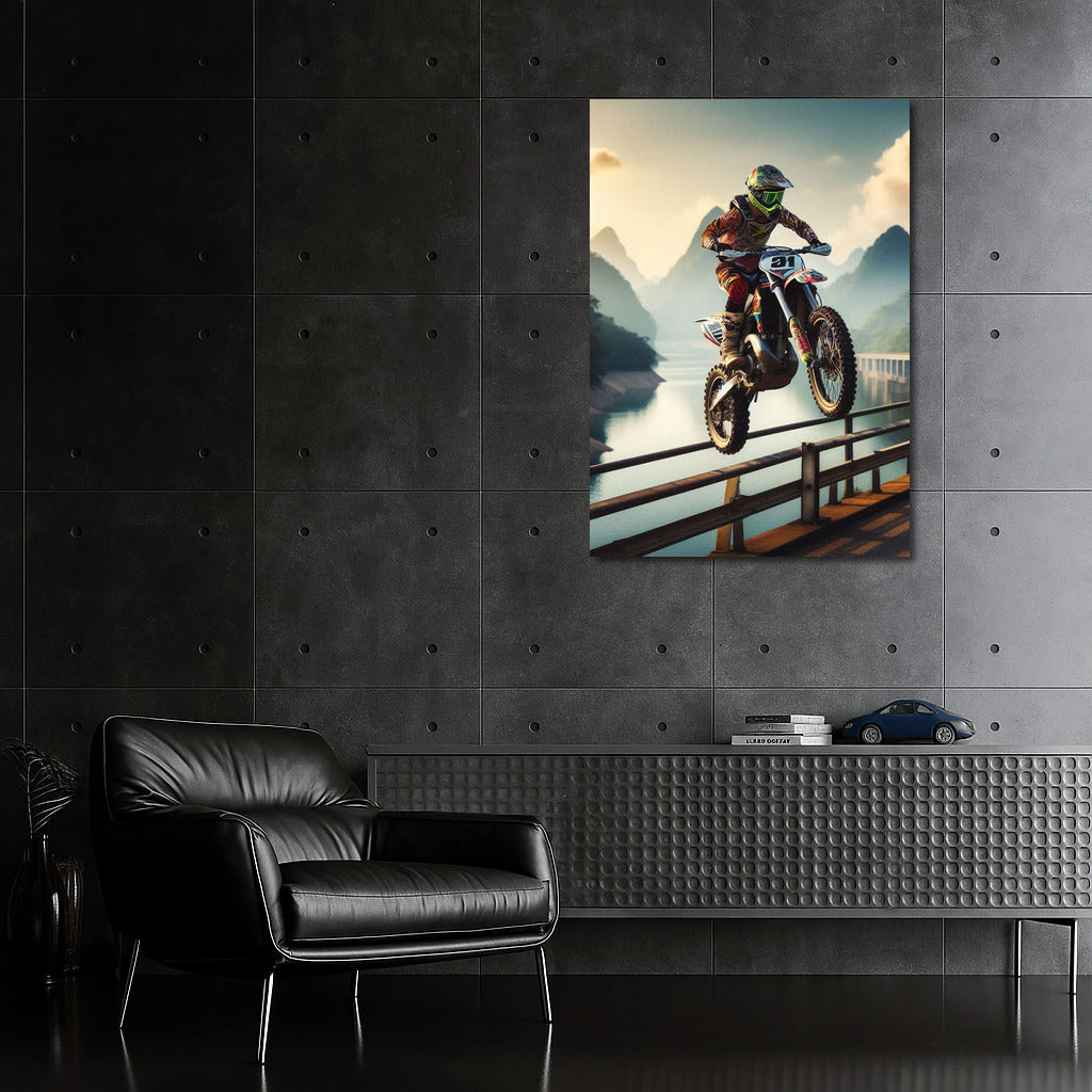 Motocross Flight: Bike Over Picturesque Dam