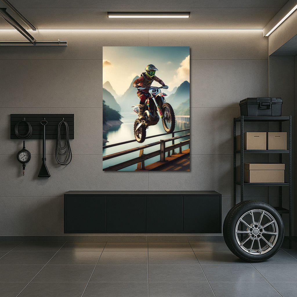 Motocross Flight: Bike Over Picturesque Dam