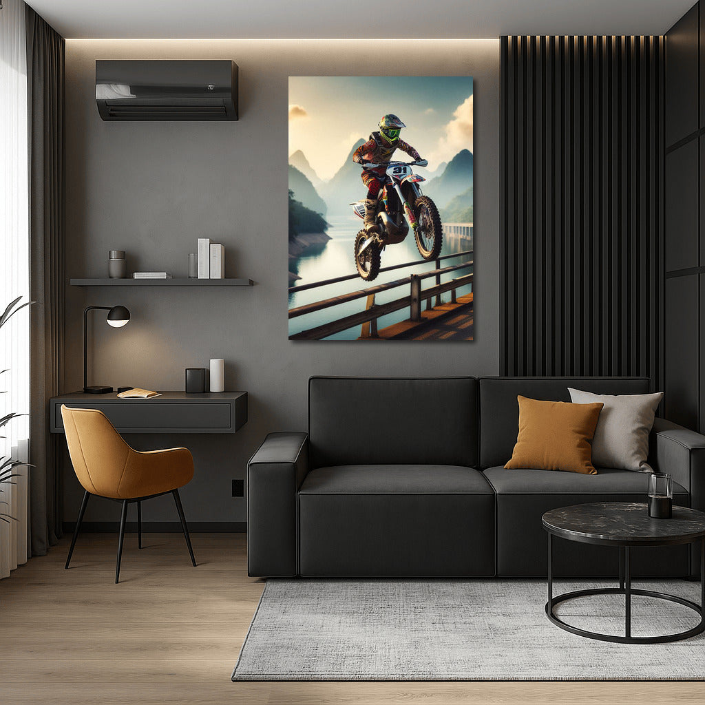 Motocross Flight: Bike Over Picturesque Dam