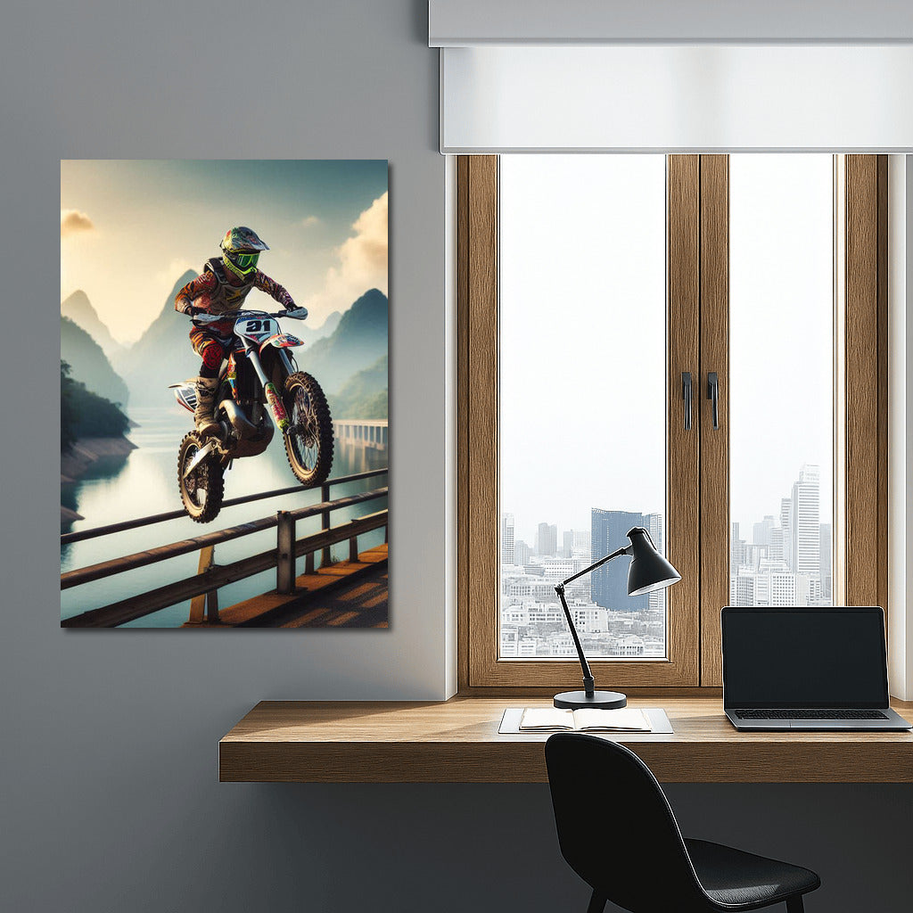 Motocross Flight: Bike Over Picturesque Dam