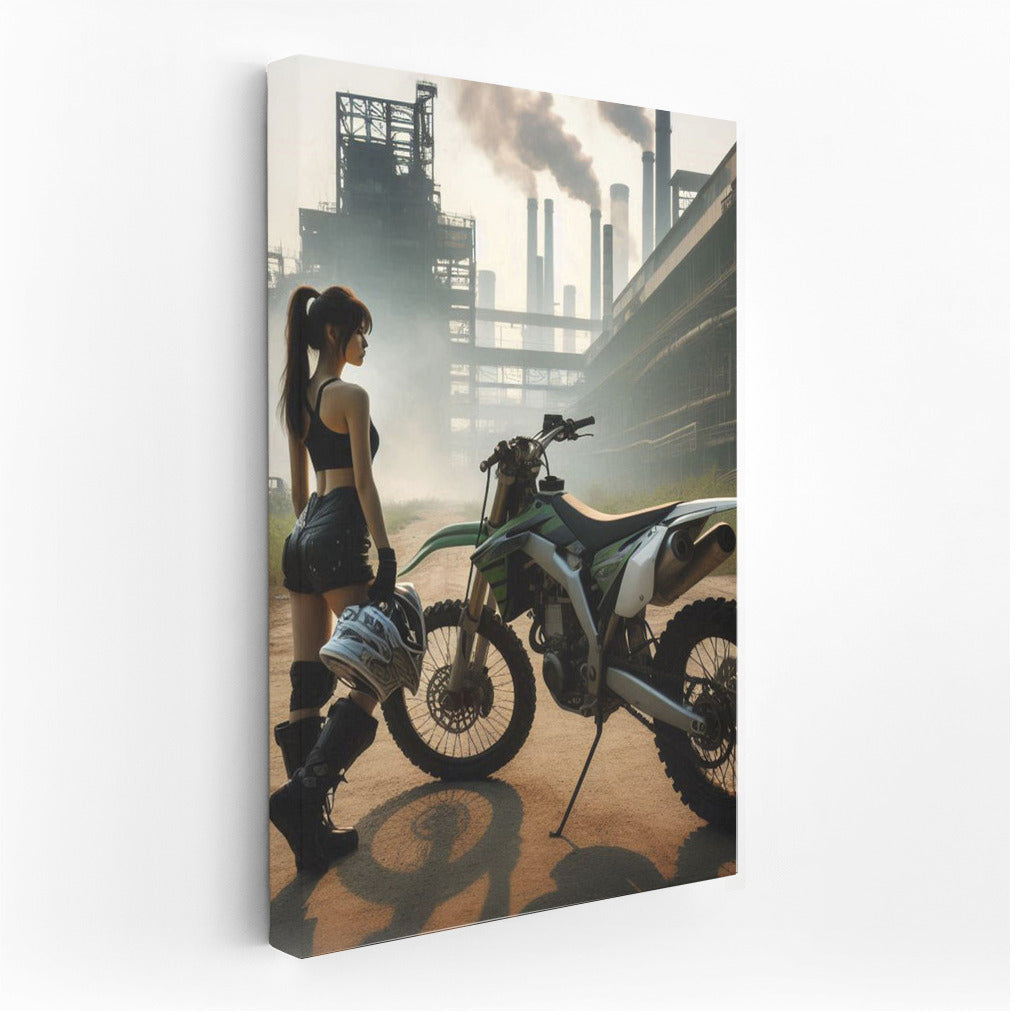 Motocross Bike and Mysterious Silhouette on the Background of an Abandoned Factory