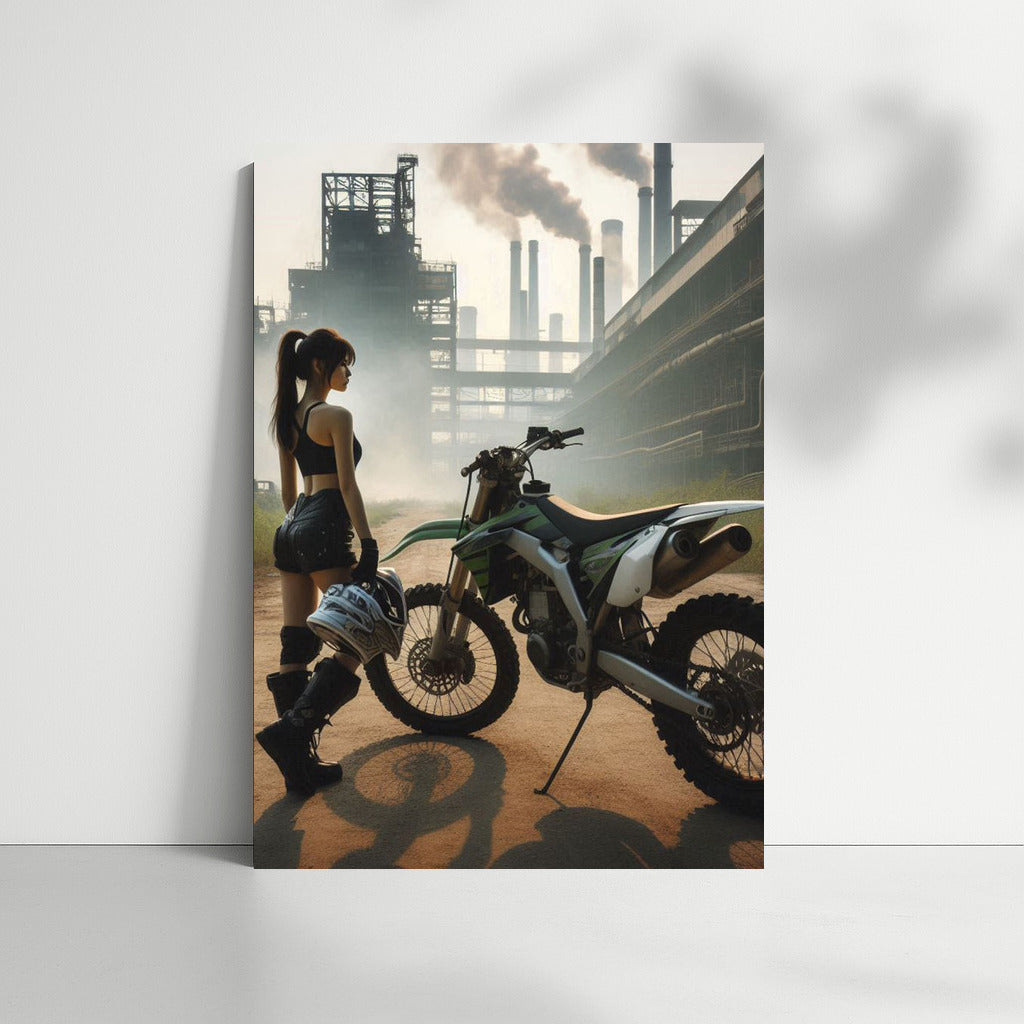 Motocross Bike and Mysterious Silhouette on the Background of an Abandoned Factory