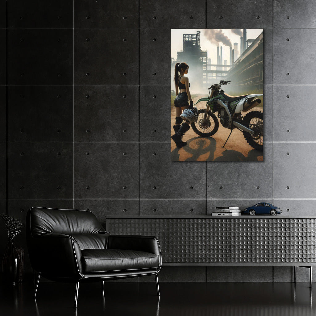 Motocross Bike and Mysterious Silhouette on the Background of an Abandoned Factory