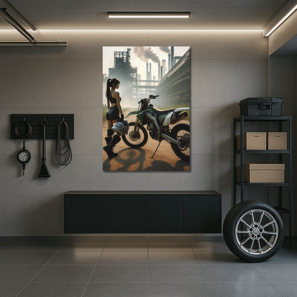 Motocross Bike and Mysterious Silhouette on the Background of an Abandoned Factory