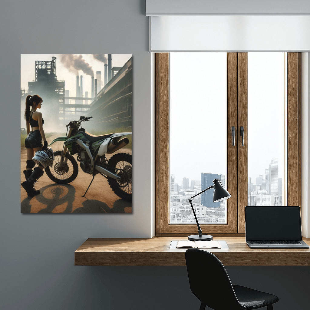 Motocross Bike and Mysterious Silhouette on the Background of an Abandoned Factory