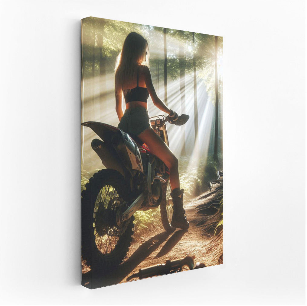 Motocross Bike on a Forest Trail: Sunbeams Through the Trees