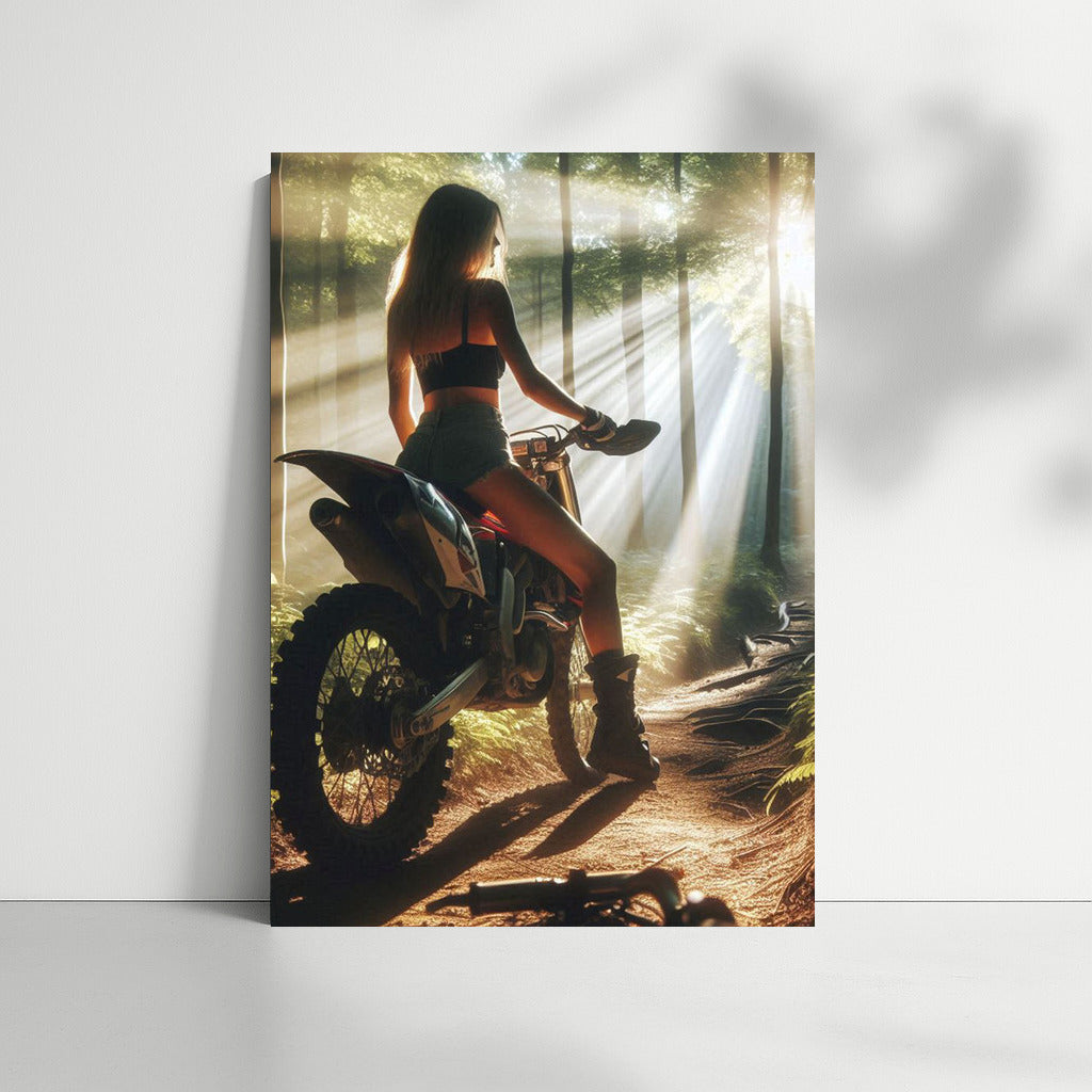 Motocross Bike on a Forest Trail: Sunbeams Through the Trees