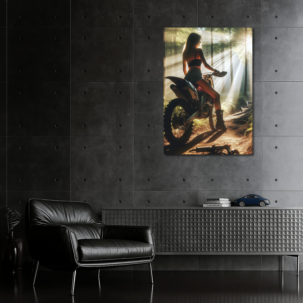 Motocross Bike on a Forest Trail: Sunbeams Through the Trees