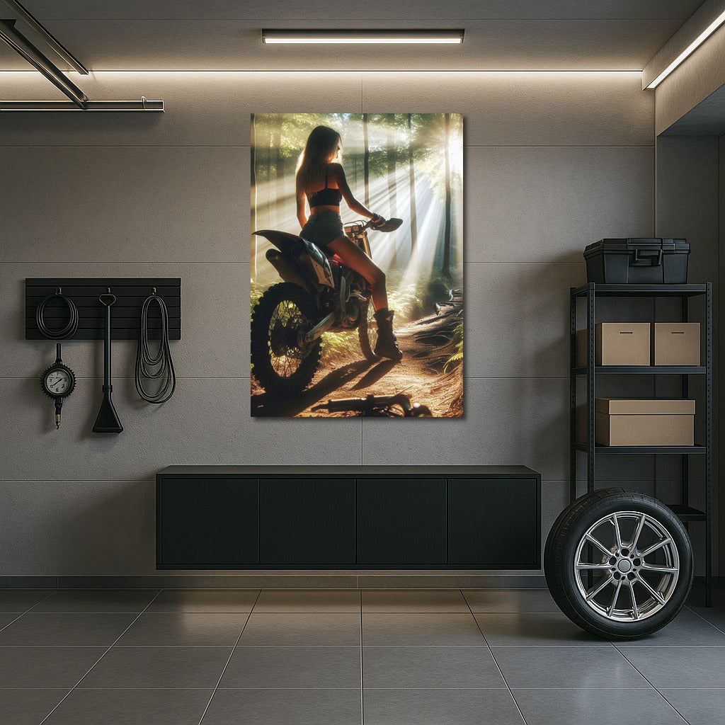 Motocross Bike on a Forest Trail: Sunbeams Through the Trees
