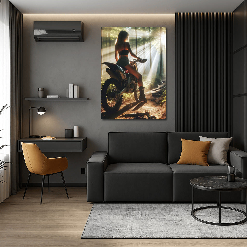 Motocross Bike on a Forest Trail: Sunbeams Through the Trees