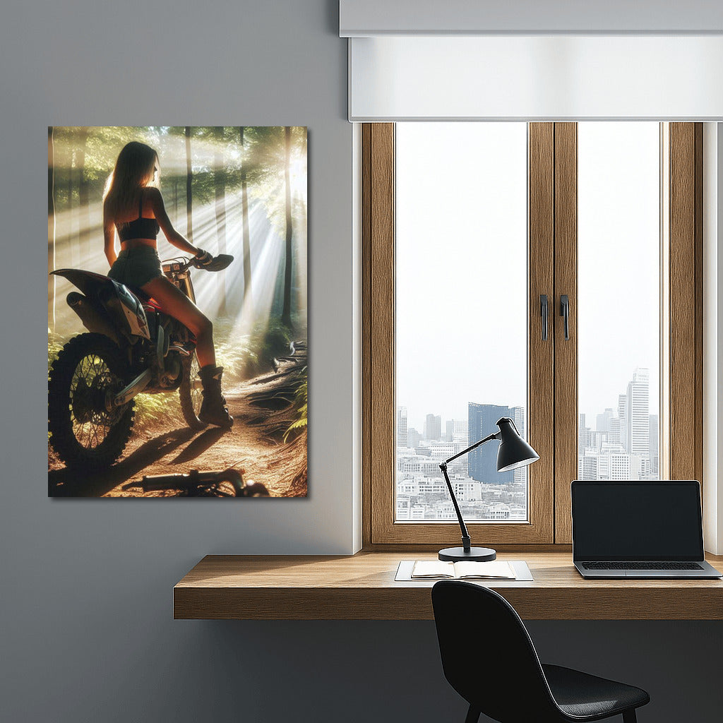 Motocross Bike on a Forest Trail: Sunbeams Through the Trees